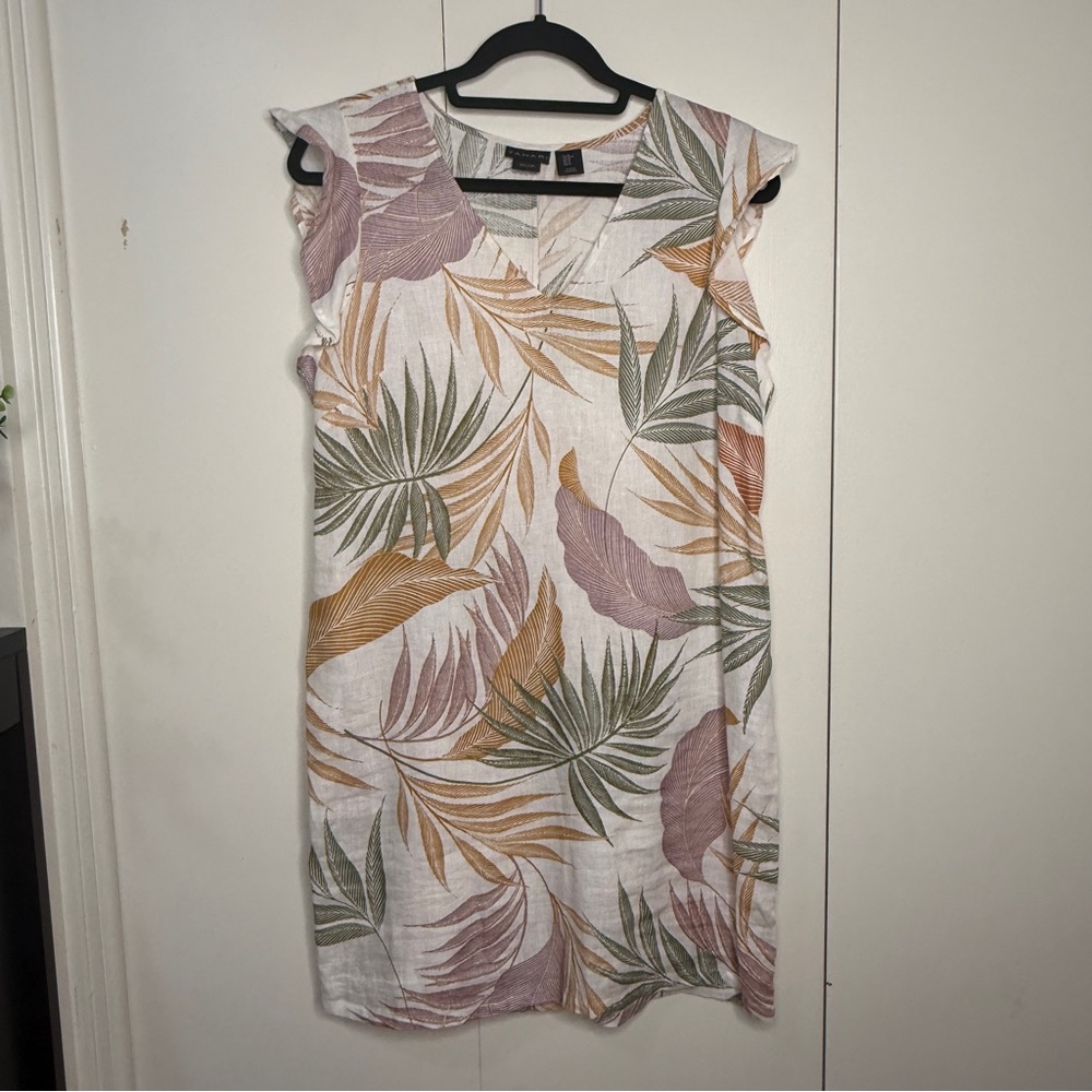 Tahari Tropical Leaf Linen  V-Neck Shift Dress - White/Green/Pink